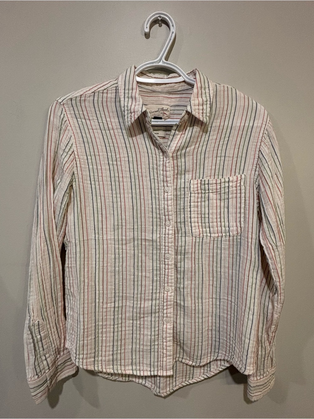 Universal Thread Cream Button-Front Striped Shirt with Pink and Green Accents